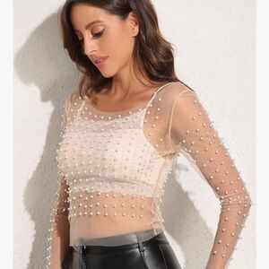 Cream Embellished Blouse with Long Sleeves